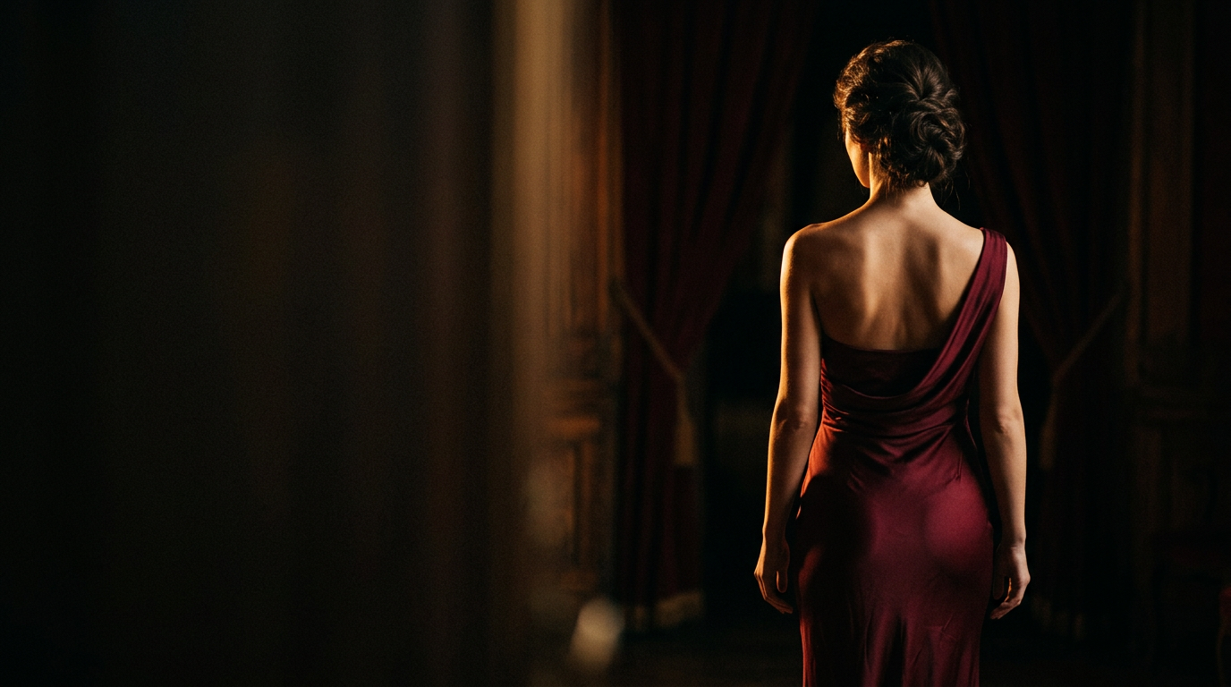 Woman in a bordeaux silk gown, seen from behind in warm light