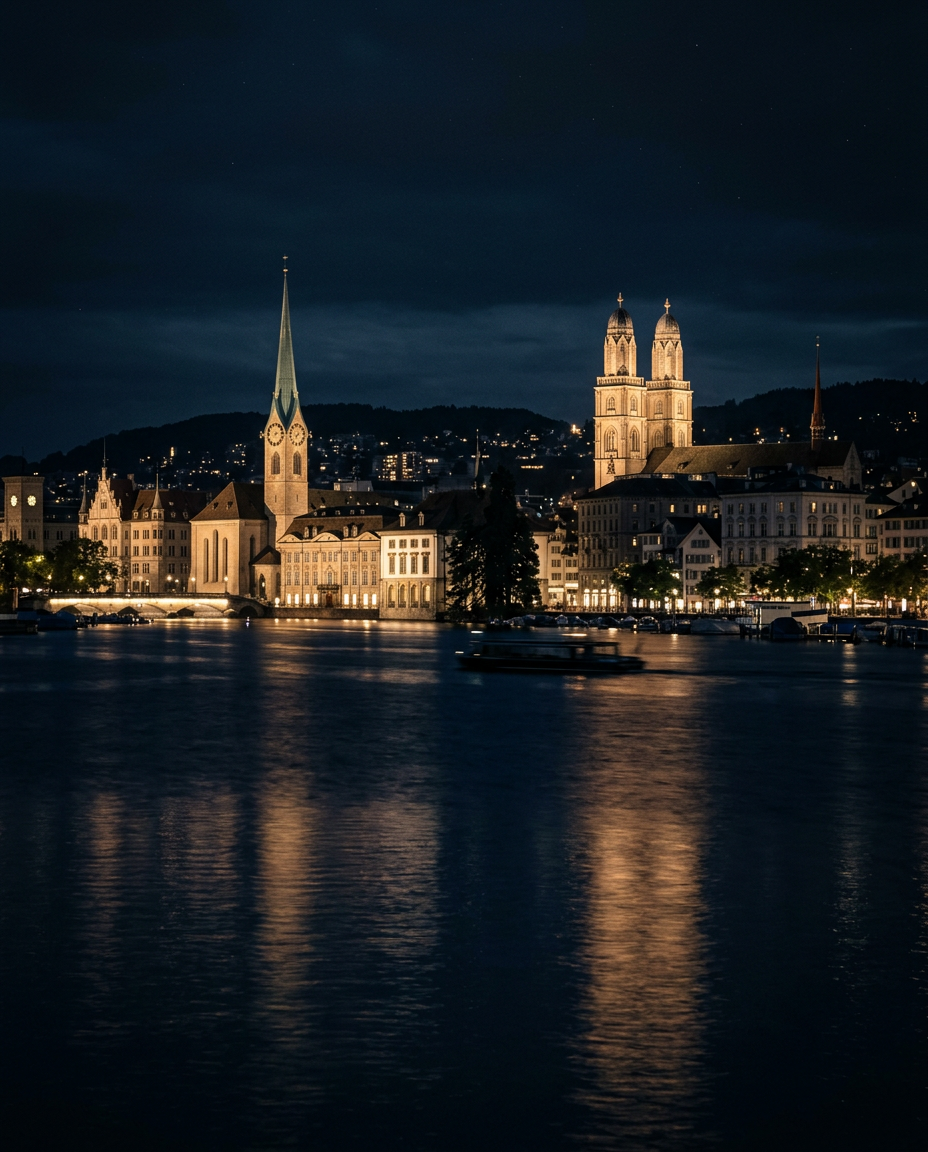 Zurich at night, seen from the lake